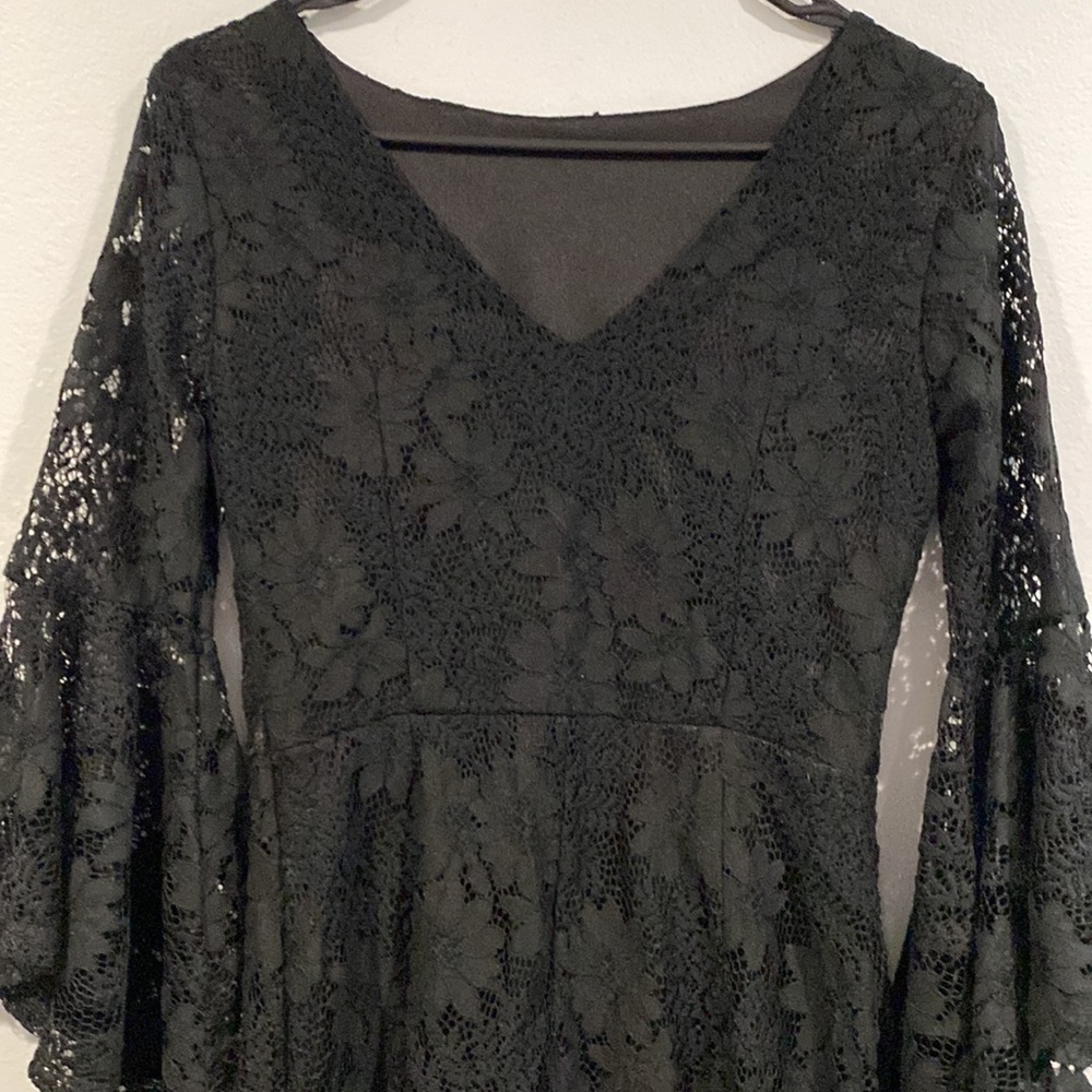 Lulus Black Full Lace Dress with Bell Bottom Sleeves - V Shaped Back -Size Small - Picture 6 of 8